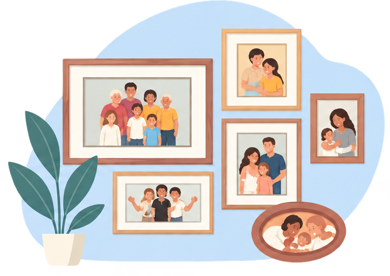 Illustration of framed family photos representing generations, relationships, and estate planning.